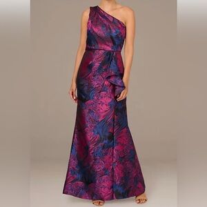 Adrianna Papell One-Shoulder Ruffled Jacquard Sheath Dress